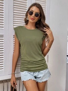 SHEIN LUNE Solid Ruched Shoulder Pad Tee - Army Green - View 3