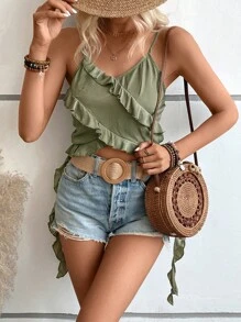 SHEIN VCAY Top de tirantes ribete con fruncido - Verde militar - Ver 1