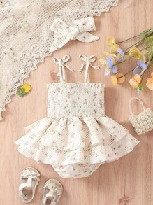 SHEIN Vintaside Kids 嬰兒女孩花卉印花蝴蝶結肩帶收縮層次圓領套衫連體裝