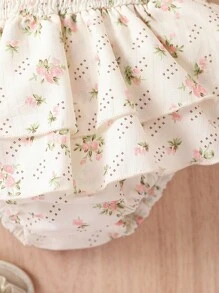 SHEIN Vintaside Kids 嬰兒女孩花卉印花蝴蝶結肩帶收縮層次圓領套衫連體裝