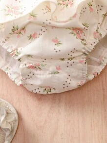 SHEIN Vintaside Kids 嬰兒女孩花卉印花蝴蝶結肩帶收縮層次圓領套衫連體裝