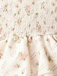 SHEIN Vintaside Kids 嬰兒女孩花卉印花蝴蝶結肩帶收縮層次圓領套衫連體裝