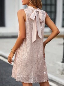 Zolique Mock Neck Tie Back Sequin Dress - Champagne - View 2