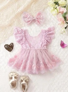 SHEIN 夏季嬰兒女童優雅休閒舒適時尚簡約實用可愛柔軟舒適與媽媽相配的花卉刺繡蕾絲網紗連體衣,適用於新生兒攝影,洗禮典禮 - 淡紫色 - 查看 2