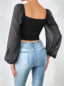 SHEIN Privé 網紗拼接燈籠袖褶邊手帕下擺上衣 - 黑色 - 查看 2