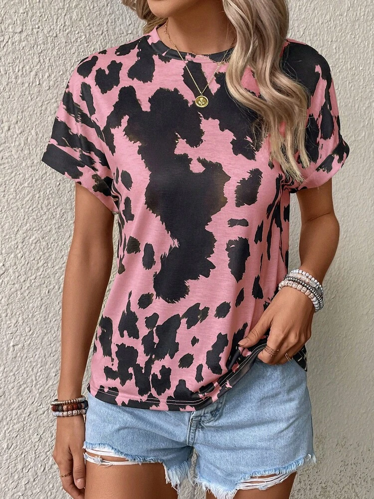 SHEIN LUNE הדפס על הכל שרוול כנף עטלף חולצות טי - ורוד - ראה 4