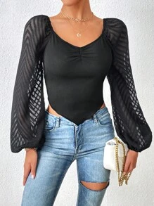 SHEIN Privé 網紗拼接燈籠袖褶邊手帕下擺上衣 - 黑色 - 查看 4