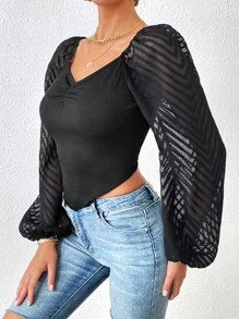 SHEIN Privé 網紗拼接燈籠袖褶邊手帕下擺上衣 - 黑色 - 查看 5