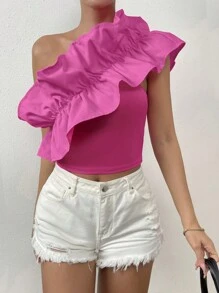 SHEIN Privé 單肩荷葉邊短款上衣 - 玫紅色 - 查看 4