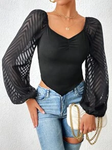 SHEIN Privé 網紗拼接燈籠袖褶邊手帕下擺上衣 - 黑色 - 查看 6