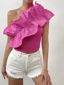 SHEIN Privé 單肩荷葉邊短款上衣 - 玫紅色 - 查看 1