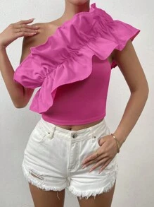 SHEIN Privé 單肩荷葉邊短款上衣 - 玫紅色 - 查看 6
