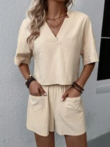 SHEIN LUNE Bộ đồ hai mảnh nữ Túi màu trơn Giải trí - Màu be - Xem 4