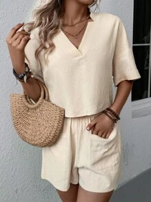 SHEIN LUNE Bộ đồ hai mảnh nữ Túi màu trơn Giải trí - Màu be - Xem 1