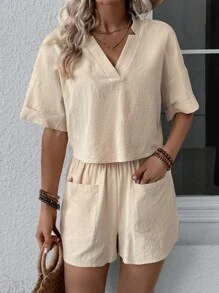 SHEIN LUNE Bộ đồ hai mảnh nữ Túi màu trơn Giải trí - Màu be - Xem 5