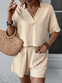 SHEIN LUNE Bộ đồ hai mảnh nữ Túi màu trơn Giải trí - Màu be - Xem 6
