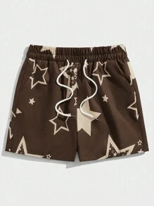 ROMWE MEN Prep Men Star Print Drawstring Waist Shorts, School - Coffee Brown - View 1