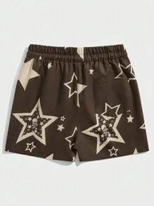 ROMWE MEN Prep Men Star Print Drawstring Waist Shorts, School - Coffee Brown - View 2