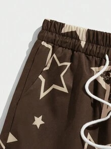 ROMWE MEN Prep Men Star Print Drawstring Waist Shorts, School - Coffee Brown - View 4
