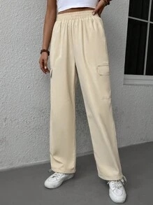 SHEIN LUNE Pantalones cargo con bolsillo lateral con solapa - Beis - Ver 4