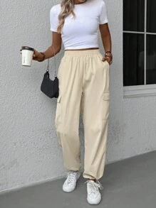 SHEIN LUNE Pantalones cargo con bolsillo lateral con solapa - Beis - Ver 5