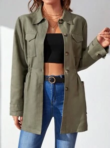 SHEIN Tall 翻蓋口袋素色外套 - 軍綠色 - 查看 1