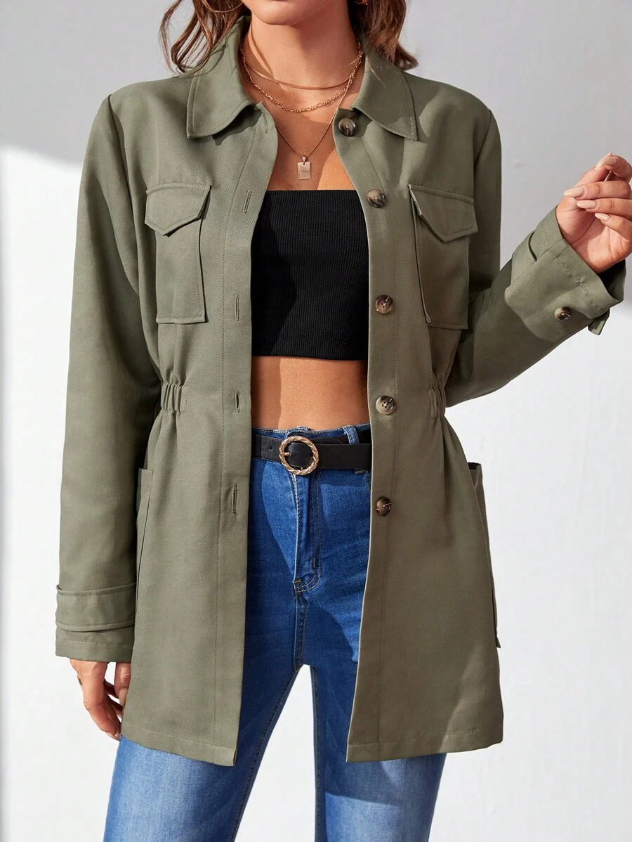 SHEIN Tall 翻蓋口袋素色外套 - 軍綠色 - 查看 1