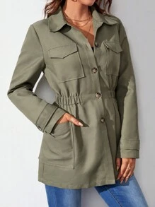 SHEIN Tall 翻蓋口袋素色外套 - 軍綠色 - 查看 3