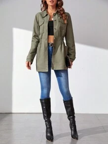 SHEIN Tall 翻蓋口袋素色外套 - 軍綠色 - 查看 5