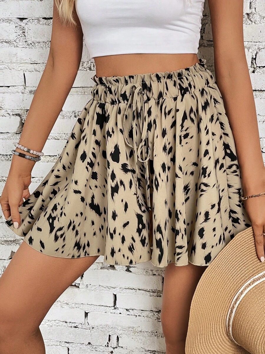 SHEIN VCAY Allover Print Tie Front Wide Leg Shorts - Apricot - View 1