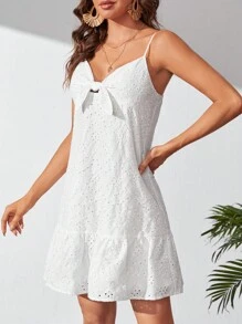 SHEIN Tall Knot Front Ruffle Hem Schiffy Cami Dress - White - View 3