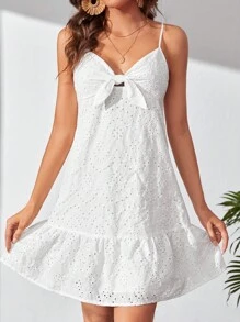SHEIN Tall Knot Front Ruffle Hem Schiffy Cami Dress - White - View 6