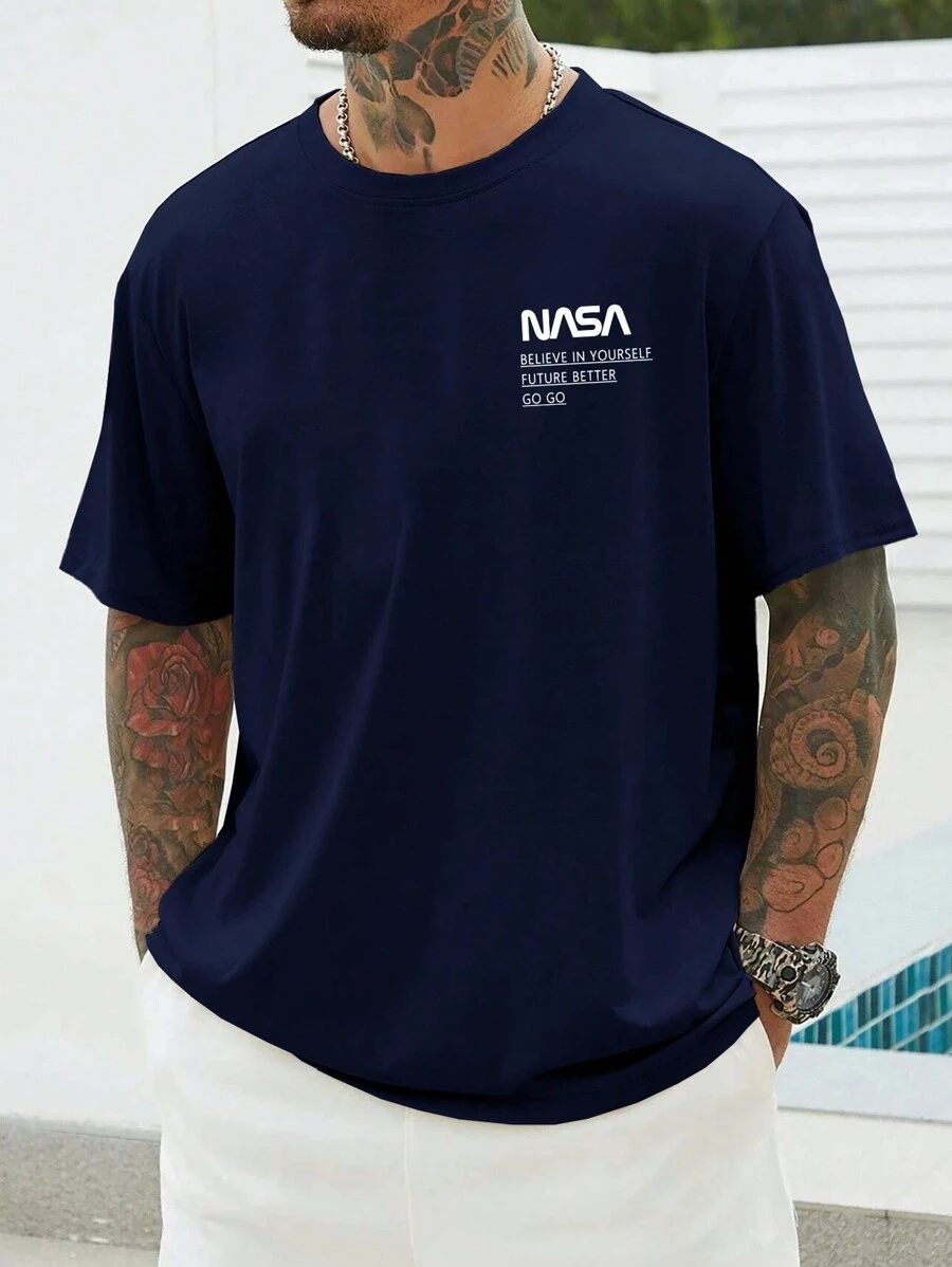 Manfinity Homme Men Plus Letter Graphic Tee - Navy Blue - View 1