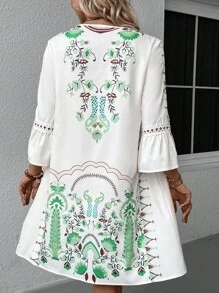 SHEIN LUNE Floral Print Guipure Lace Insert Flare Sleeve Dress - White - View 2