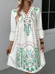 SHEIN LUNE Floral Print Guipure Lace Insert Flare Sleeve Dress - White - View 4