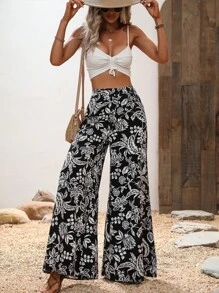 SHEIN VCAY 印花闊腿褲 - 黑與白 - 查看 1