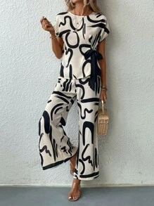 SHEIN Clasi Grafik Muster, Fledermausärmeln, seitlichem Knoten, Top mit & Schlitz am Saum, Hose mit