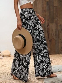 SHEIN VCAY 印花闊腿褲 - 黑與白 - 查看 4