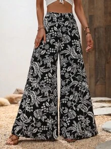 SHEIN VCAY 印花闊腿褲 - 黑與白 - 查看 6