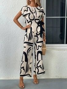 SHEIN Clasi Grafik Muster, Fledermausärmeln, seitlichem Knoten, Top mit & Schlitz am Saum, Hose mit