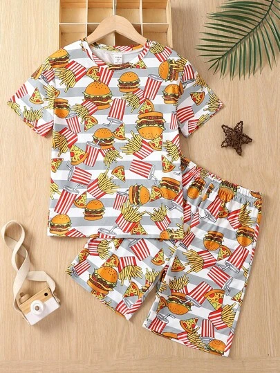 Tween Boy Hamburger Pizza Print Tee & Shorts PJ Set