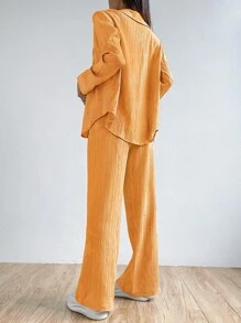 SHEIN Muchic 素色前紐扣襯衫和闊腿褲 - 黃色 - 查看 2