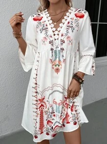 SHEIN LUNE Vestido con estampado floral con encaje de manga amplia