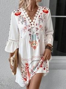 SHEIN LUNE Vestido con estampado floral con encaje de manga amplia