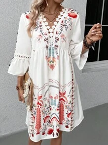 SHEIN LUNE Vestido con estampado floral con encaje de manga amplia