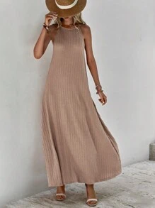 SHEIN LUNE Solid Ribbed Knit Cami Dress - Khaki - View 3