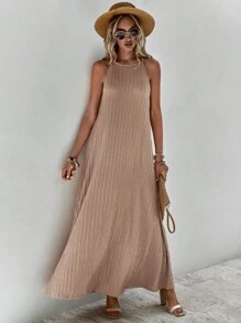 SHEIN LUNE Solid Ribbed Knit Cami Dress - Khaki - View 1
