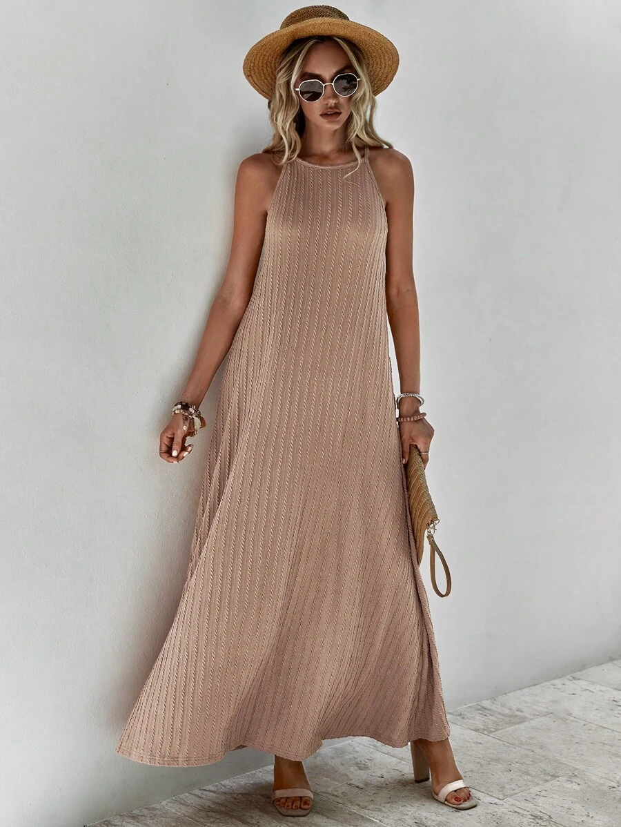 SHEIN LUNE Solid Ribbed Knit Cami Dress - Khaki - View 1