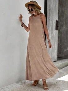 SHEIN LUNE Solid Ribbed Knit Cami Dress - Khaki - View 6