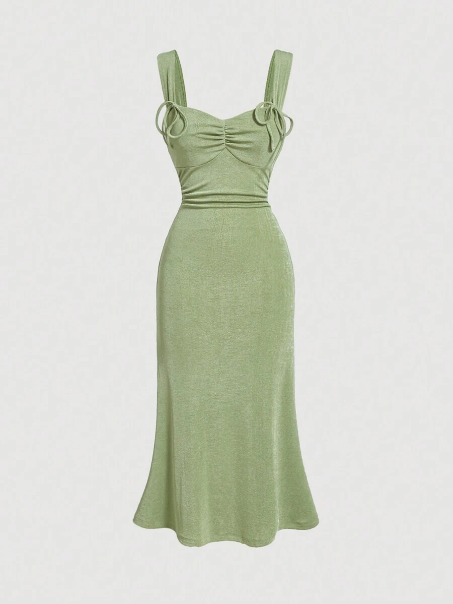 SHEIN MOD Solid Ruched Bust Cami Dress - Lime Green - View 1